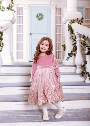 Dusty Rose Velvet Pineapple Embroidered Lace Vintage Flower Girl Dress